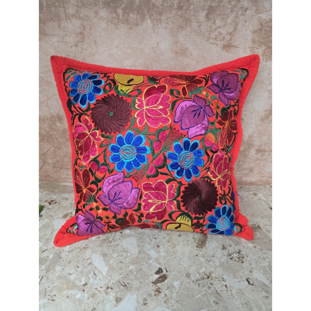 Guatemala Handmade Floral Embroidery Cotton Pillow Cover Square Boho Multi-Color